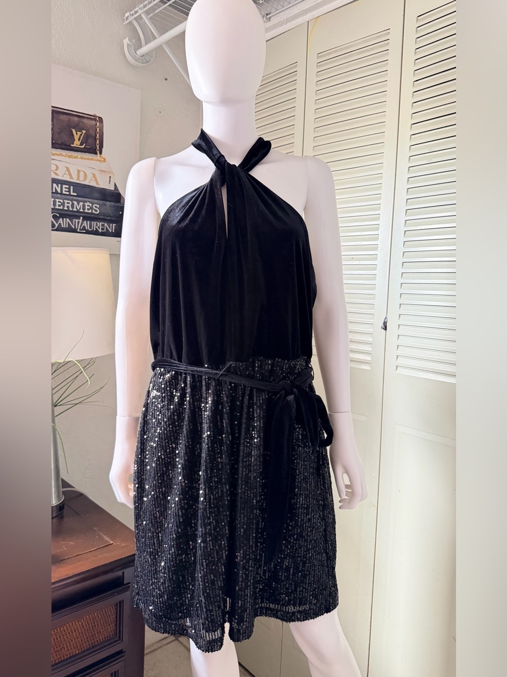 Cato Black Velvet Halter Sequin Cocktail Dress Size XL